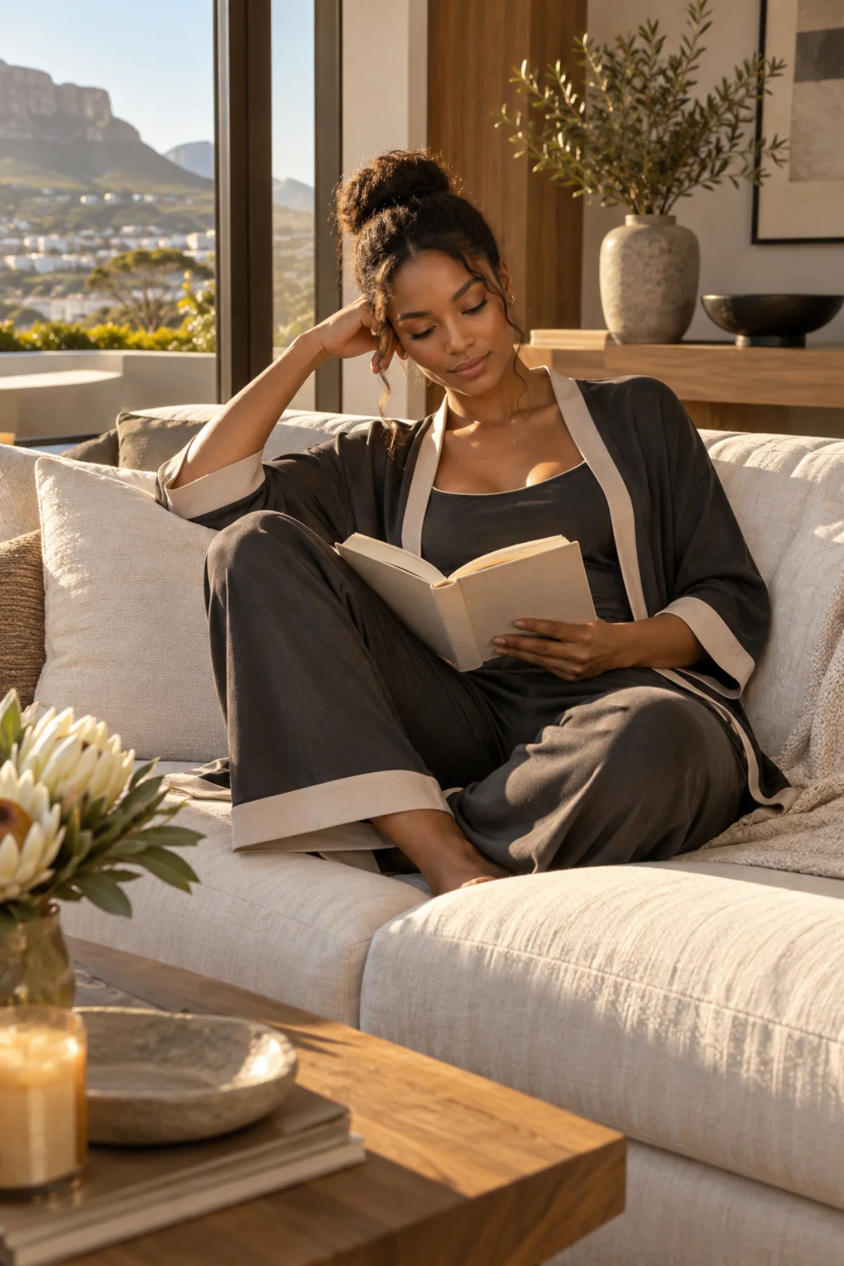 Woman reading in a charcoal and champagne loungewear set